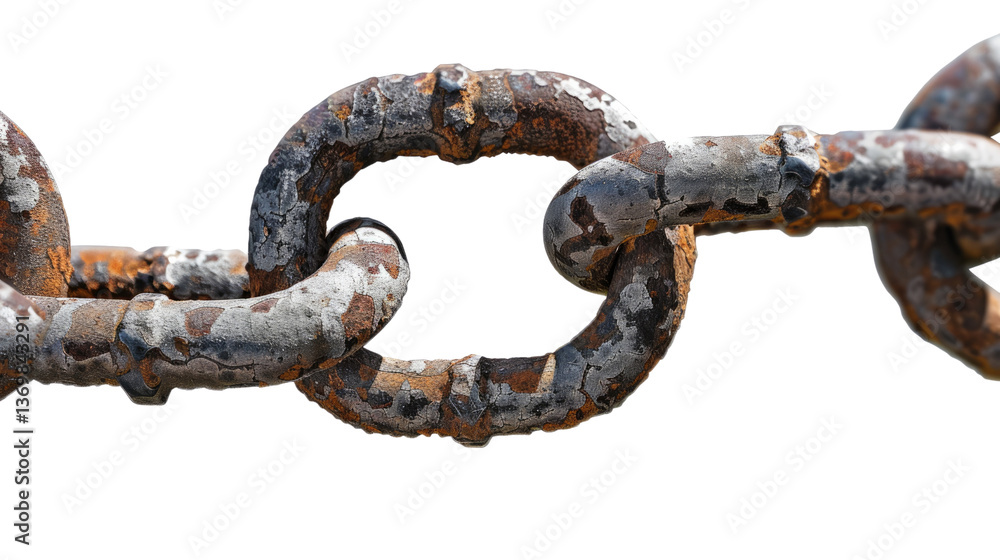 Poster rusty chain: an eye-level macro shot captures a rugged, heavy-duty chain link, each ring displaying 