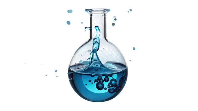 Chemistry in Motion: a flask containing vibrant blue liquid undergoes a dynamic splash, capturing the essence of scientific experimentation.