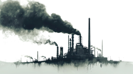 Environmental Devastation: A stark silhouette of an industrial complex exhales thick plumes of smoke, painting a bleak portrait of environmental degradation and pollution.