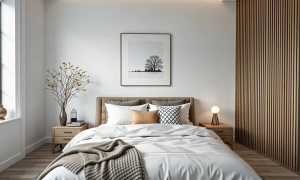 Minimalist bedroom with neutral tones wooden bed frame and framed wall art. 