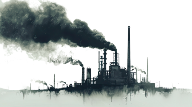 Environmental Devastation: A stark silhouette of an industrial complex exhales thick plumes of smoke, painting a bleak portrait of environmental degradation and pollution.
