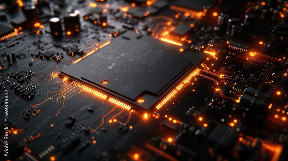 Poster illuminated circuit board: a close-up view of a microprocessor