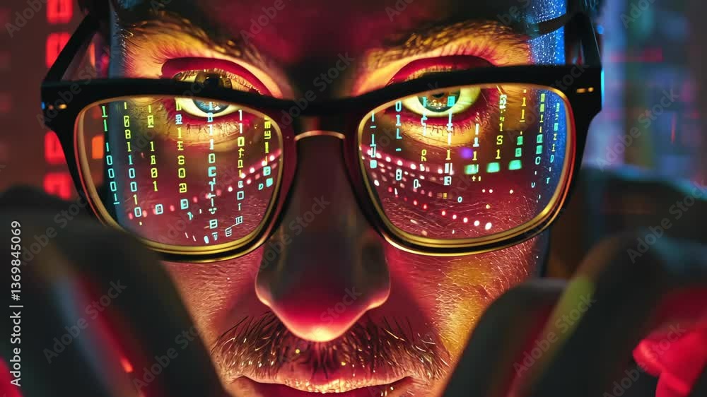 Poster an individual with glasses intently types on a keyboard while vibrant streams of code and light refl