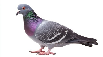Fototapeta premium Close-up of a colorful pigeon standing on white background in natural detail.