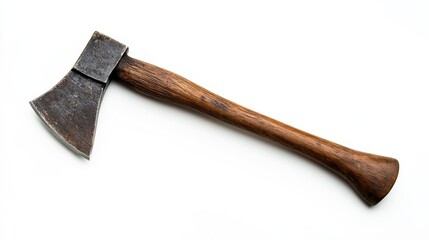 Old hatchet with wooden handle and rusty blade isolated on white background.