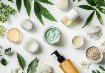A beautiful essential oil bottle surrounded by fresh green leaves