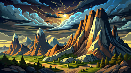 Rocky Mountains under dramatic storm clouds with detailed textures, Highly detailed vector illustration