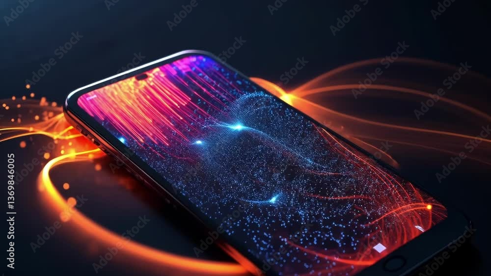 Poster futuristic smartphone is showing data flow with colorful particle trails, representing cyber securit