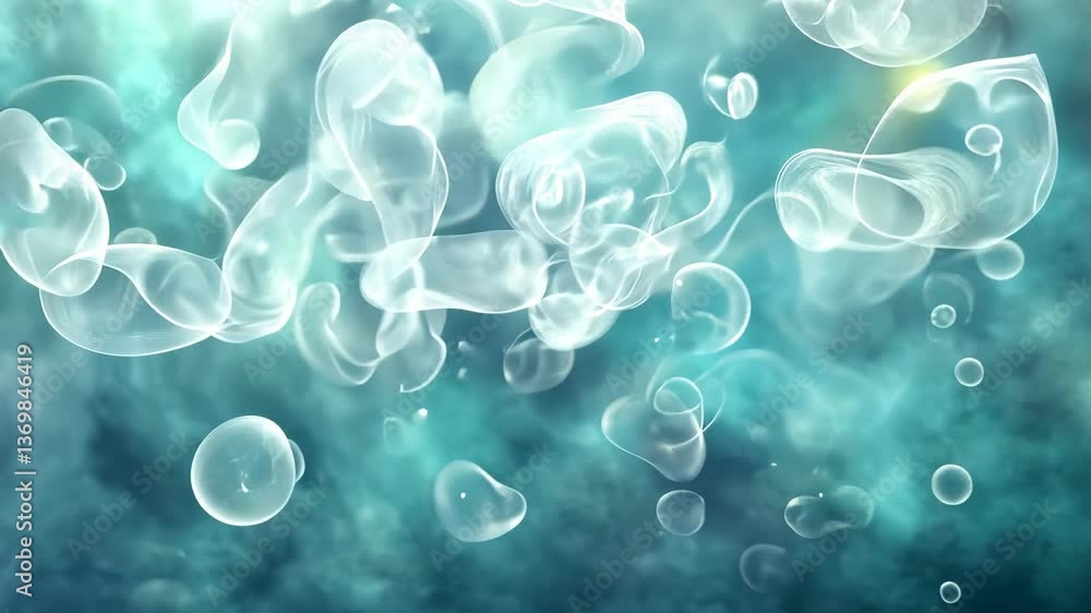 Poster bubbles rising through tranquil water in a serene underwater setting with soft light filtering throu
