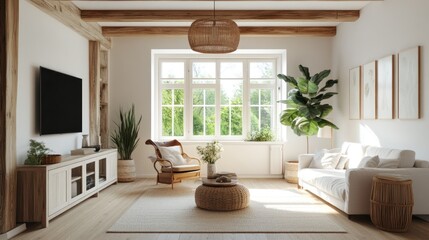 Fototapeta premium Modern Farmhouse Living Room Interior, Sunlight, Calm