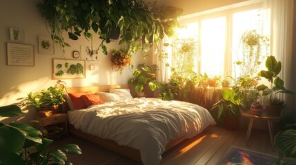 Sunny bedroom with plants, cozy interior, morning light