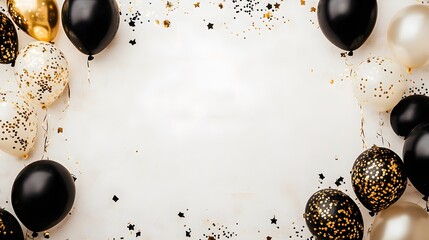 black balloons, gold balloons, glitter confetti, festive border, white background, party decoration, celebration, birthday party, anniversary, new year's eve