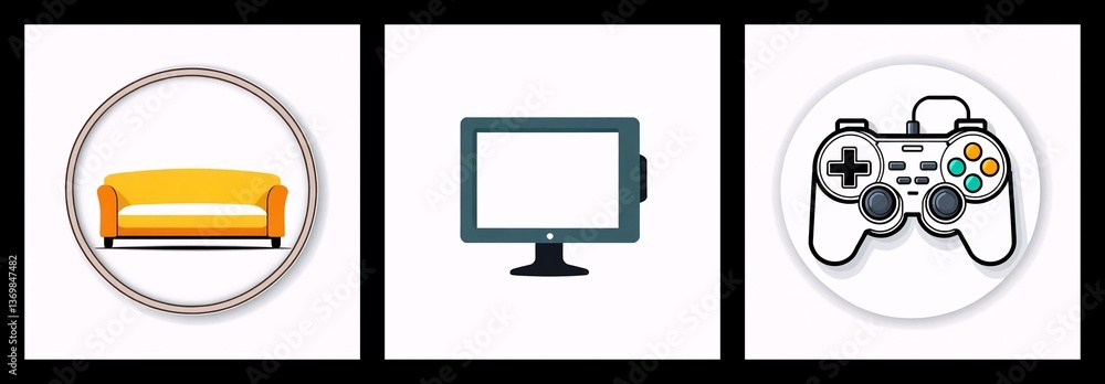 Poster three icons are displayed: a yellow sofa inside a circular frame, a computer monitor, and a white vi