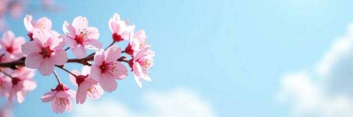 Close-up of pink cherry blossoms against a blue sky, nature background with copy space