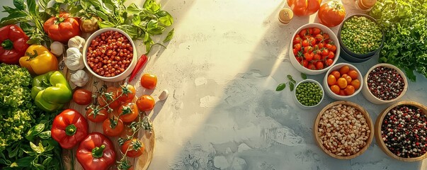 Fresh, healthy vegetable bowls bursting with vibrant colors Red tomatoes and yellow peppers alongside fresh greens create delicious, healthy meals.