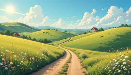 Fototapeta premium countryside landscape with a winding path of Vector Illustrations