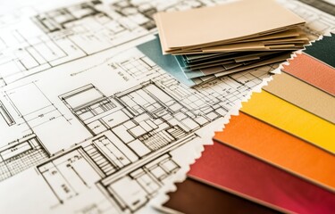 Various blueprints are meticulously stacked on a large table