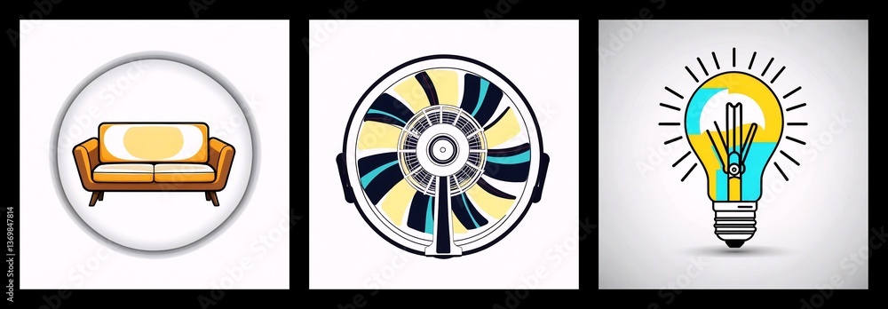 Poster three panels show a couch in a circle, a circular fan, and a light bulb with rays, all in a simple, 