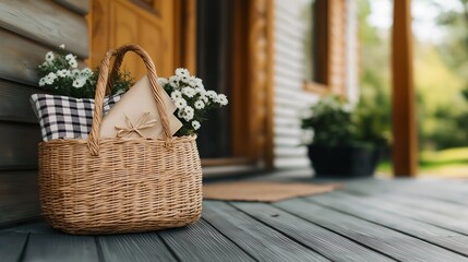 Rustic Home Entrance with Flower Basket