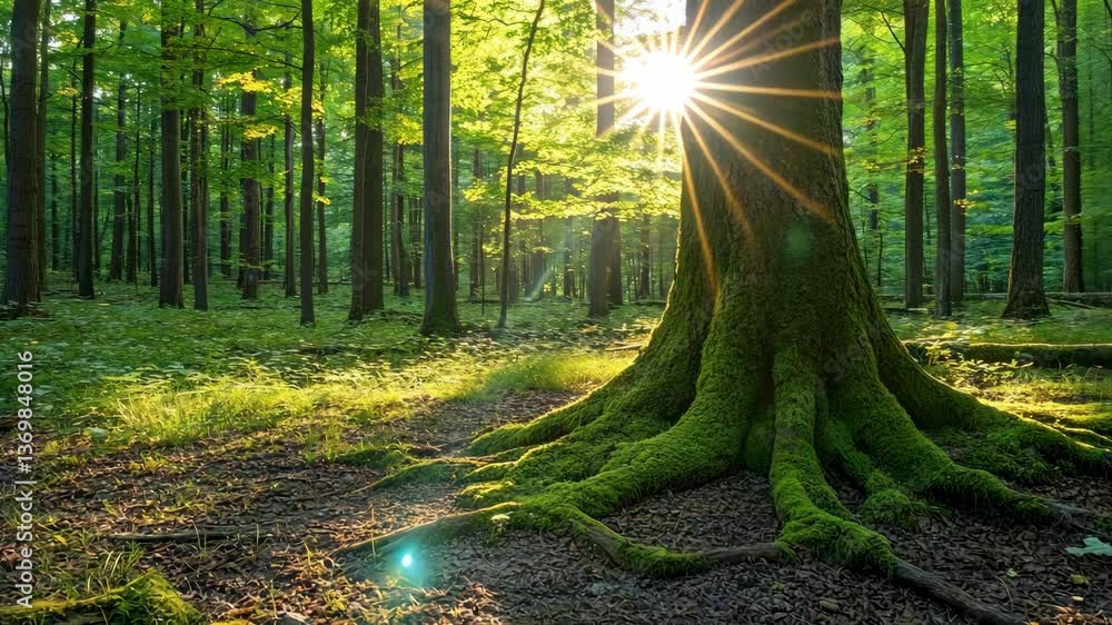 Poster sunlight filtering through a lush forest with a moss-covered tree in the foreground during a serene 