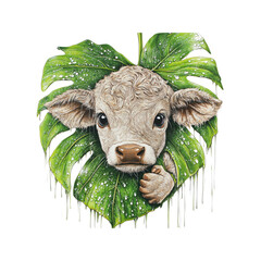 Adorable Calf Hiding Behind a Lush Monstera Leaf