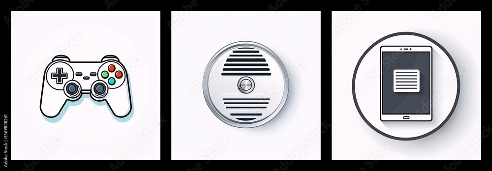 Poster Description:
Three icons depict entertainment and technology. They include a game controller, a speaker, and a tablet, each in a square panel.

Keywords:
