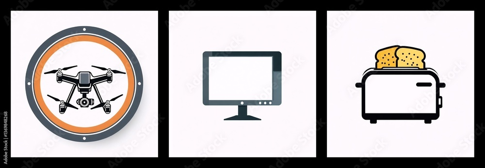 Poster three panels display a drone inside a circular frame, a desktop computer monitor, and a toaster with