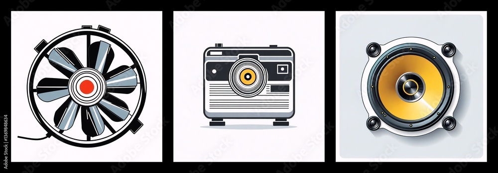 Poster three square icons in a row against a black background. the icons show a cooling fan, a retro camera
