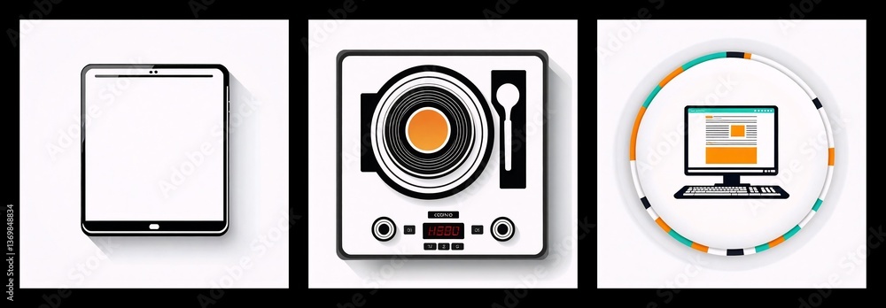 Fototapete description: three panels show a tablet, record player, and desktop computer in a flat vector style 