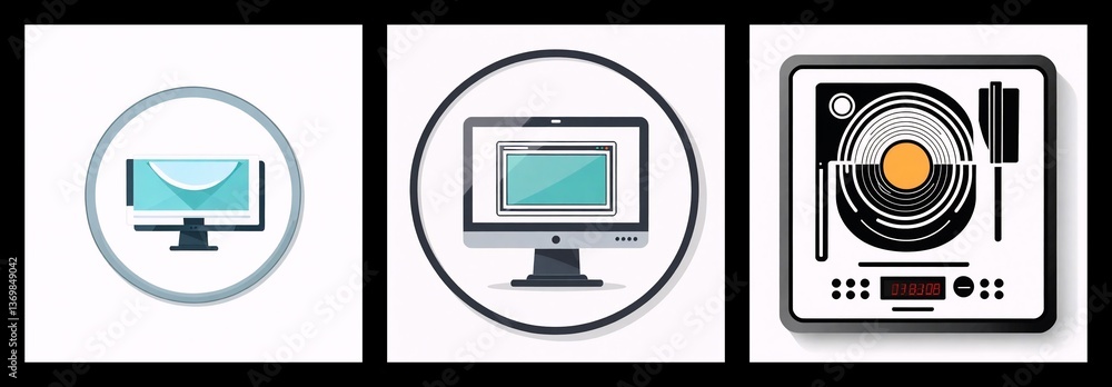 Fototapete three square icons display digital devices: a minimalist monitor, a desktop computer screen, and a d