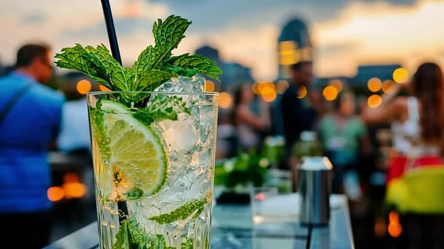 A refreshing mojito in a tall glass with a mint sprig and lime slice, captured at a vibrant rooftop party.