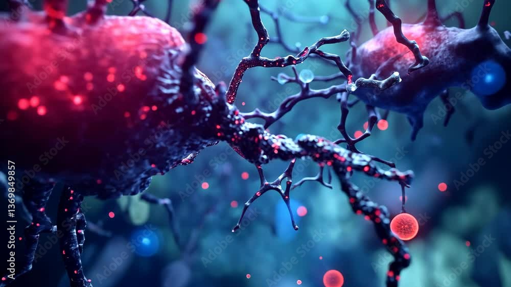 Poster close-up view of intricate neural connections in vibrant colors highlighting cellular activity in th