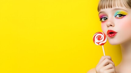 Closeup portrait of a fashionable young woman with glossy lips bold eye makeup and a colorful lollipop set against a vibrant yellow backdrop