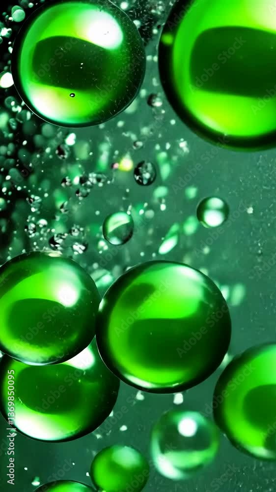 Aufkleber bubbles and green orbs create abstract underwater scene with shimmering reflections in liquid enviro