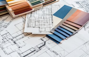 Various blueprints are meticulously stacked on a large table