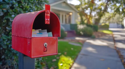 A traditional red mailbox with a raised flag and open door, revealing a mix of letters inside, set against a smooth white background.

