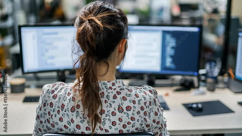 Poster woman working on computer at a modern office desk with multiple screens in a busy professional envir