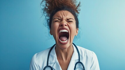 Woman Expressing Frustration with Intense Scream Against Blue Background