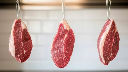 Three Raw Beef Steaks Hanging Tenderly in a Kitchen Setting Ready for Cooking