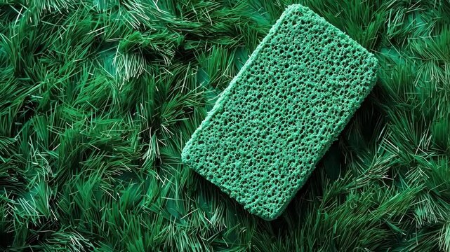 Bright green sponge rests on vibrant artificial grass in a playful arrangement, showcasing its texture and color details