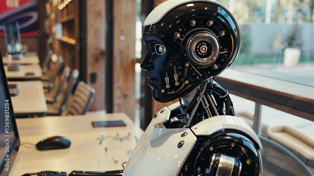 Poster a humanoid robot is intently engaging with a computer at a sleek desk in a contemporary workspace in