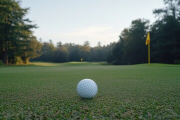 Obraz premium A small golf ball is situated on the green of a beautiful golf course