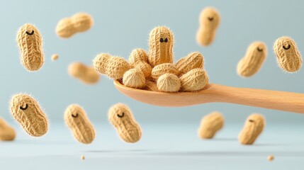 Happy Peanuts in a Wooden Spoon A Delightful 3D Render of Peanuts with Smiling Faces