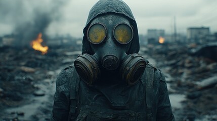 Post-Apocalyptic Survivor: A Grizzled Figure in a Gas Mask Amidst the Ruins of a Destroyed City