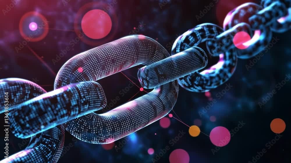 Fototapete Blockchain technology forms a secure digital chain, visualized by interconnected links composed of binary code, enhancing data integrity and security in a complex digital environment