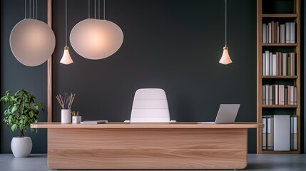 Modern minimalist home office interior design with wooden desk laptop and bookshelf