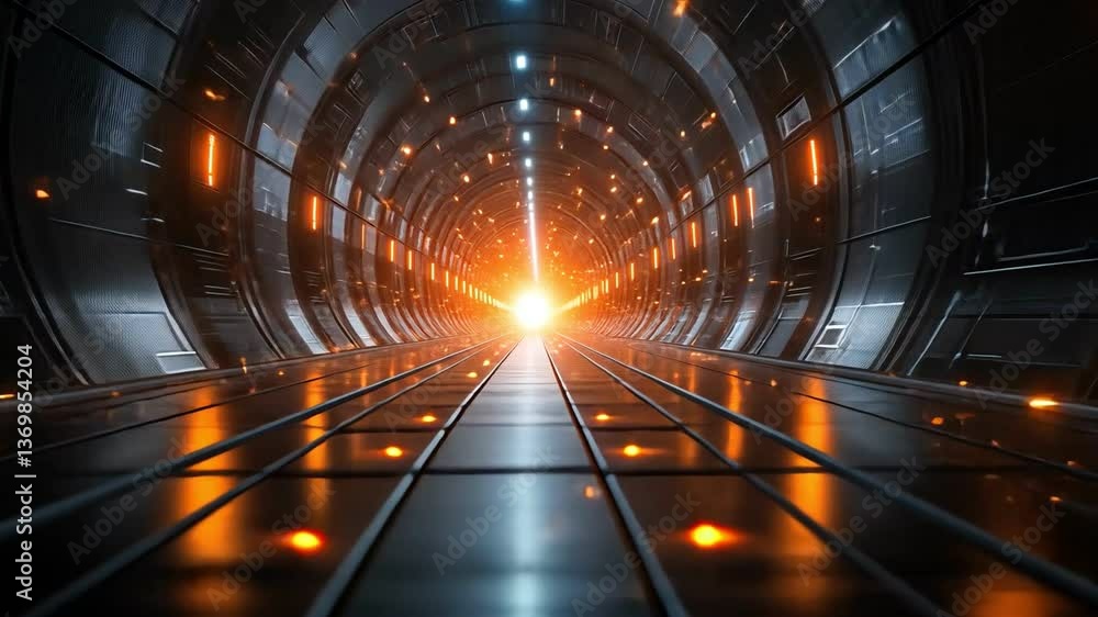 Poster futuristic tunnel with glowing lights and metallic surfaces, evoking depth and motion in mesmerizing