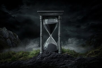A dark, eerie hourglass filled with black sand, symbolizing lost time