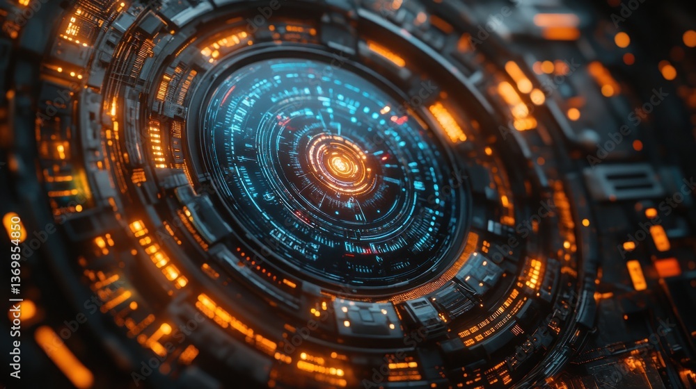 Poster futuristic sci-fi technology interface: a close-up view of a complex circular system with glowing or
