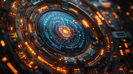 Fototapeta premium Futuristic Sci-Fi Technology Interface: A Close-Up View of a Complex Circular System with Glowing Orange and Blue Elements